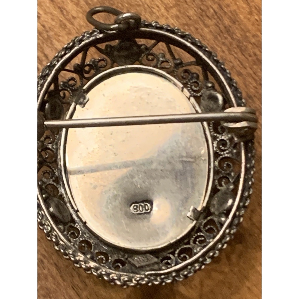 Antique 800 silver filigree Lady portrait coral pendant brooch Pin Hand painted - Picture 3 of 5
